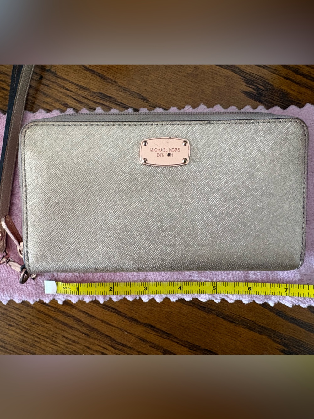 Michael Kors Metallic Rose Gold Saffiano Wallet with Pink Trim